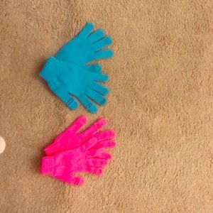 Bright blue and pink winter gloves